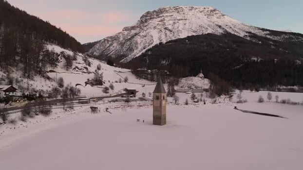Aerial view of the submerged bell tower in Lake Reschen Italy. Aerial view of the submerged bell tower in Lake Reschen Italy.
