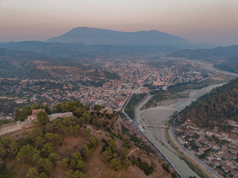 Aerial view of the historic Berat Castle overlooking the Osum River and the city of Berat Berat County Albania. Aerial view of the historic Berat Castle overlooking the Osum River and the city of Berat Berat County Albania.