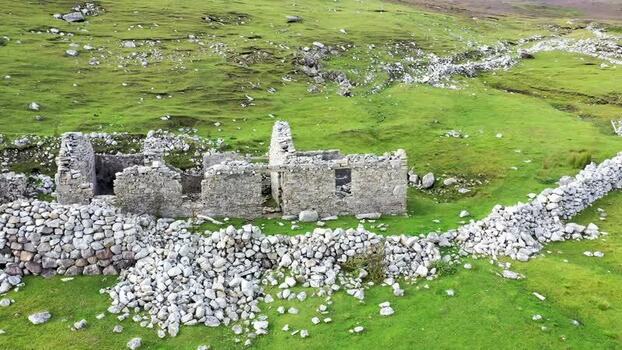 Aerial view of stone ruins in An Port Ireland.