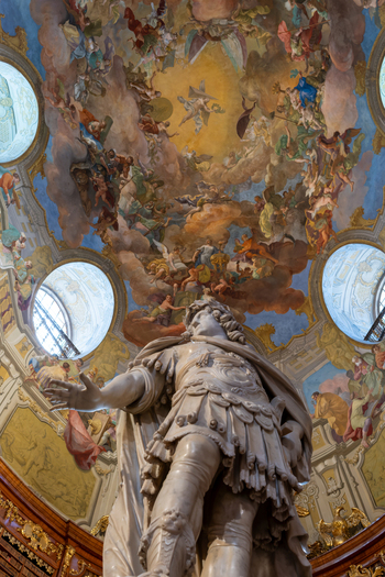 Wien Austria 26 April 2026 View of the marble statue of Emperor Charles VI under the magnificent baroque frescoed dome in the State Hall of the Austrian National Library. Wien Austria 26 April 2026 View of the marble statue of Emperor Charles VI under the magnificent baroque frescoed dome in the State Hall of the Austrian National Library.