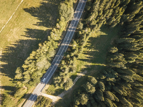 Aerial view of a winding road cutting through a dense coniferous forest and green fields in Jurgow Lesser Poland Voivode Poland. Aerial view of a winding road cutting through a dense coniferous forest and green fields in Jurgow Lesser Poland Voivode Poland.