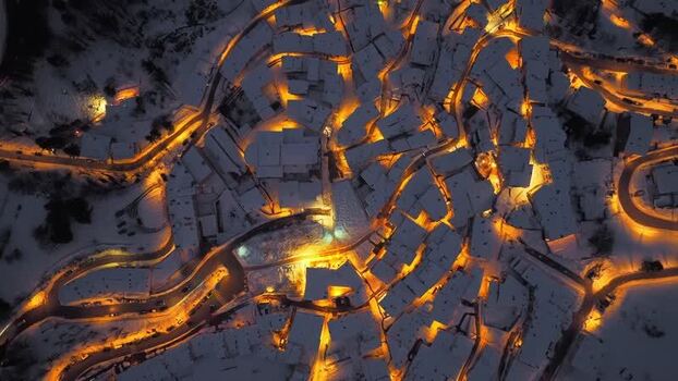 Aerial view of snow covered Rivisondoli village Italy.