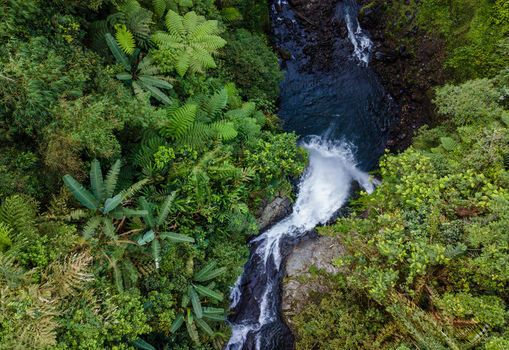 Aerial view of Gomblang Waterfall cascading into a dark pool surrounded by dense tropical jungle and lush ferns in Kecamatan Kedungbanteng Jawa Tengah Indonesia. Aerial view of Gomblang Waterfall cascading into a dark pool surrounded by dense tropical jungle and lush ferns in Kecamatan Kedungbanteng Jawa Tengah Indonesia.