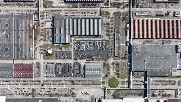 Aerial view of industrial buildings and parking France.