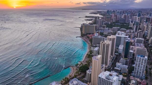 Aerial view of Waikiki Beach skyline in Honolulu United States.