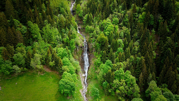 Aerial view of a narrow waterfall cascading through a dense alpine forest with lush green trees and a small meadow Champery Valais Switzerland. Aerial view of a narrow waterfall cascading through a dense alpine forest with lush green trees and a small meadow Champery Valais Switzerland.