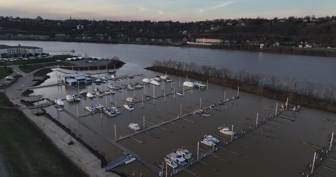 Aerial view of boats in marina along river United States. Aerial view of boats in marina along river United States.