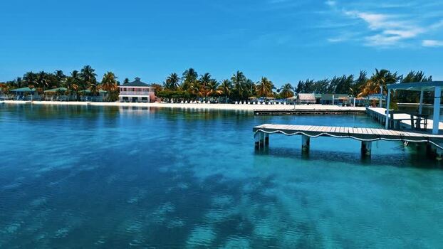 Aerial view of the tropical coastline with a wooden pier and beach Honduras.
