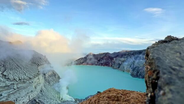 View of Kawah Ijen crater lake Indonesia.