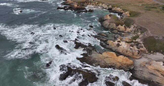 Aerial view of rocky coastline in Fort Bragg United States.