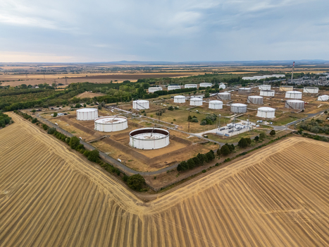 Aerial view of MOL refinery in Hungary with tanks pipelines and fuel plants Aerial view of MOL refinery in Hungary with tanks pipelines and fuel plants