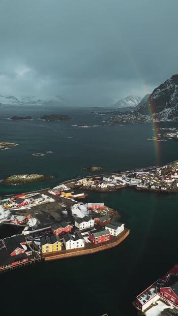 Aerial view of Henningsv&aelig;r Bryggehotell Norway.