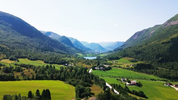 Aerial view of the lush green valley in Klakegg Norway.