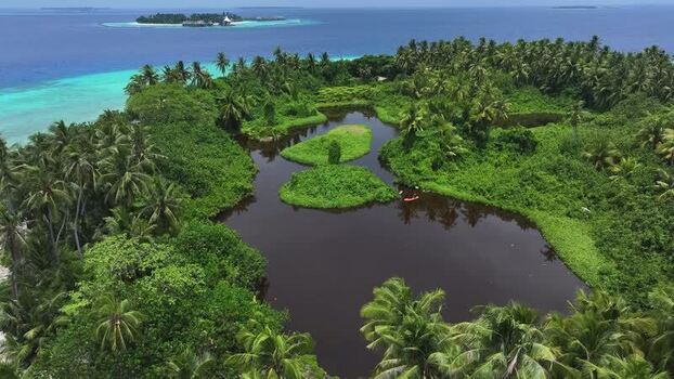 Aerial view of a lush tropical island with an inland lake Maldives. Aerial view of a lush tropical island with an inland lake Maldives.