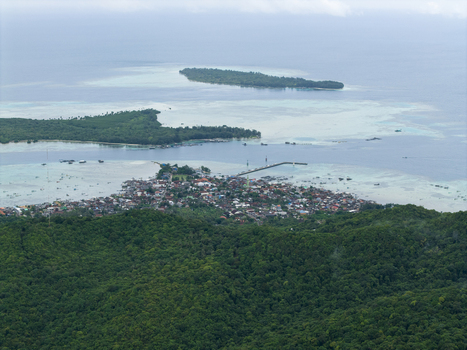 Aerial view of a dense village nestled amongst lush greenery meeting the turquoise sea with distant islands under a soft sky Karimunjawa Central Java Indonesia.