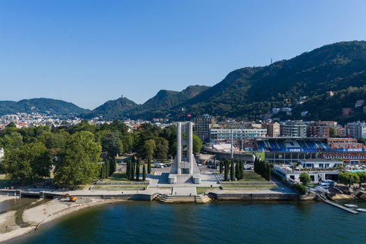 Aerial view of the Monumento ai Caduti on the lakeshore in Como Lombardy Italy.
