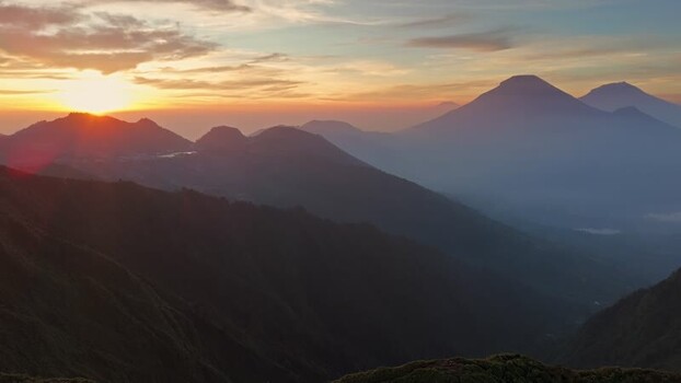 Aerial view of Dieng mountains at sunrise Indonesia.