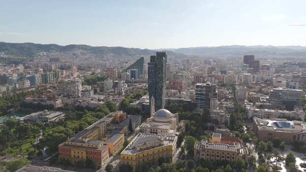 Aerial view of the city center of Tirane featuring the Orthodox Cathedral of Resurrection modern skyscrapers and surrounding urban landscape in Tirane Tirana County Albania.