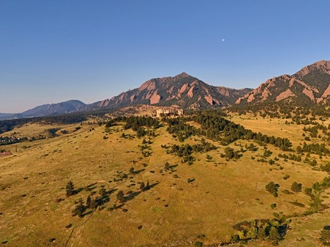 Aerial view of the NCAR and UCAR Foothills Laboratory nestled in the grassy foothills of the Rocky Mountains in Boulder Colorado United States.