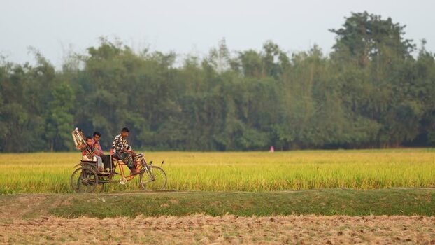 View of a cycle rickshaw van on a rural road Bangladesh.