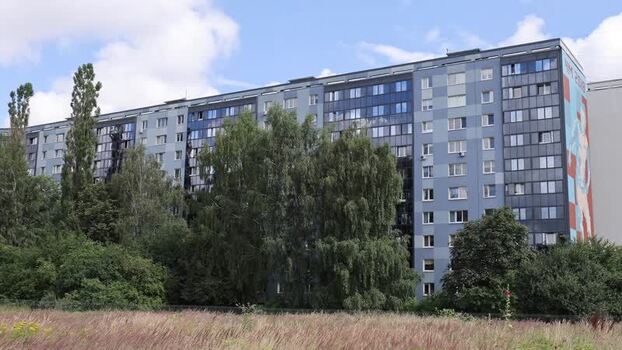 View of a residential building with a mural in Kaliningrad Russia.
