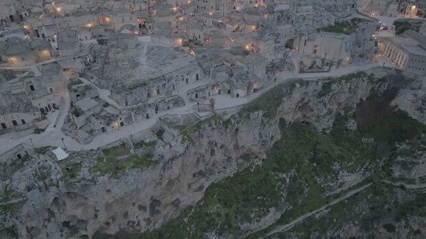 Aerial view of Sassi di Matera at twilight Italy.