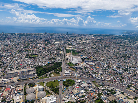 Aerial view of the Autopista Juan Pablo Duarte Km 9 interchange in Santo Domingo Distrito Nacional Dominican Republic. Aerial view of the Autopista Juan Pablo Duarte Km 9 interchange in Santo Domingo Distrito Nacional Dominican Republic.