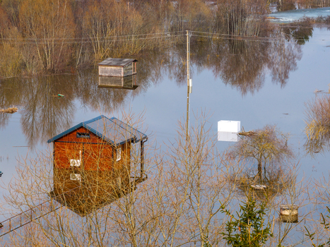 Aerial view of flooded wooden houses and bare trees reflecting in the water during a spring flood in Kedainiai Kaunas County Lithuania. Aerial view of flooded wooden houses and bare trees reflecting in the water during a spring flood in Kedainiai Kaunas County Lithuania.