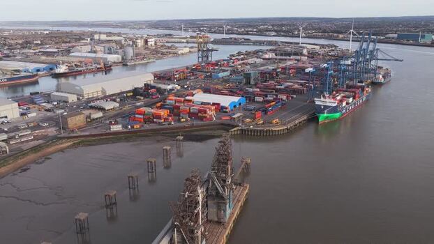 Aerial view of Tilbury Docks in Tilbury United Kingdom.