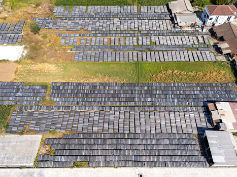 Aerial view of UKM Sohun production facility with rows of drying sohun noodles on trays in an open field in Polanharjo Central Java Indonesia.