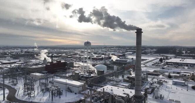 Aerial view of an industrial plant with smoking chimneys in Reading United States. Aerial view of an industrial plant with smoking chimneys in Reading United States.