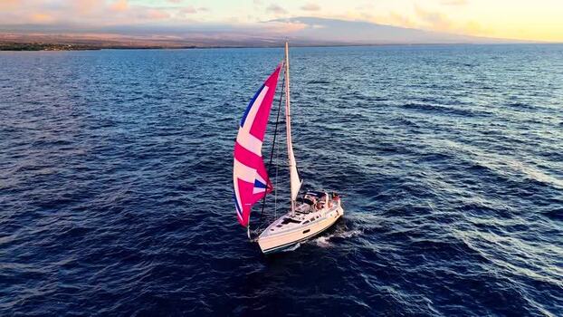 Aerial view of a sailboat with a pink spinnaker United States. Aerial view of a sailboat with a pink spinnaker United States.