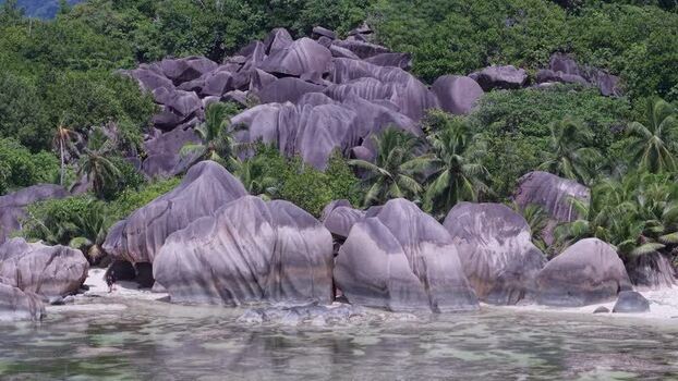 Aerial view of Anse Reunion granite boulders Seychelles.