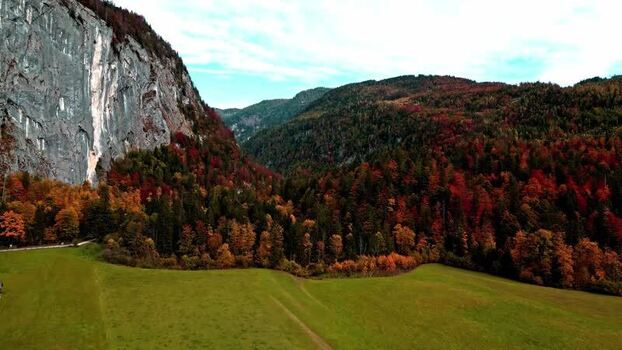 Aerial view of Attersee cliff and autumn forest Austria.