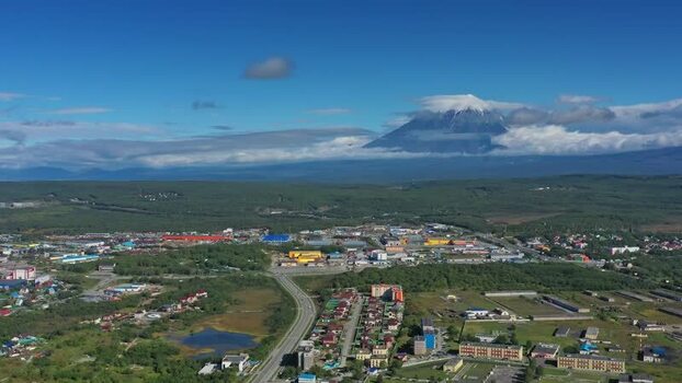 Aerial view of Petropavlovsk Kamchatskiy and volcano Russia.