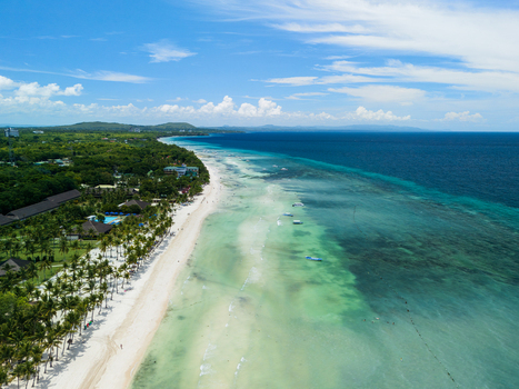 Aerial view of Dumaluan Beach with white sand turquoise shallow water lush palm trees and tropical vegetation in Panglao Central Visayas Philippines.