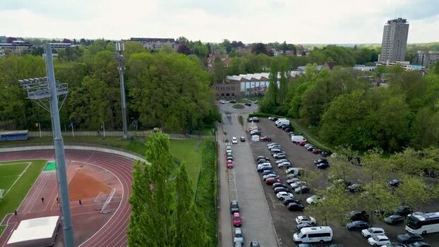 Aerial view of a sports stadium and parking lot Belgium.