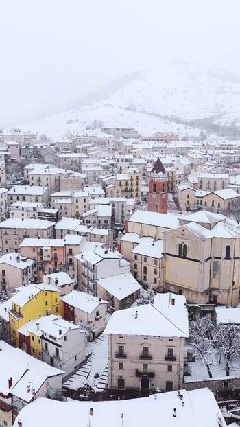 Aerial view of Rivisondoli in winter Italy.