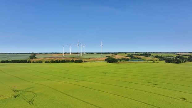 Aerial view of wind turbines across green fields in Germany.