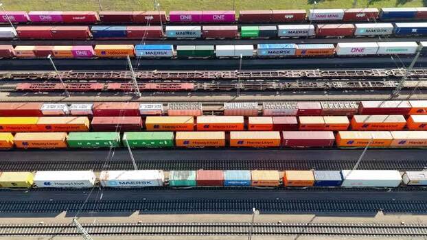 Aerial view of Altenwerder freight train yard in Hamburg Germany.
