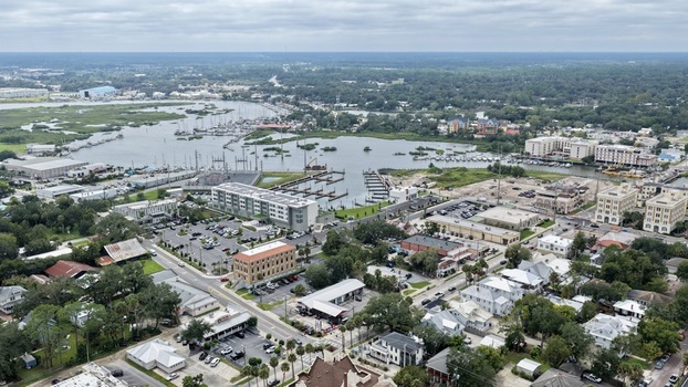 Aerial view of San Sebastian River with its marina surrounding buildings and coastal landscape in St. Johns County Florida United States. Aerial view of San Sebastian River with its marina surrounding buildings and coastal landscape in St. Johns County Florida United States.