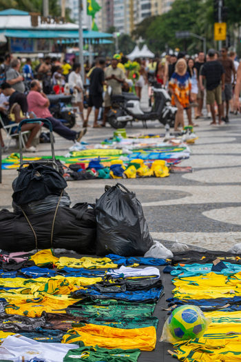 Rio de Janeiro Brazil 13 June 2026 View of street vendors selling Brazil national football team jerseys and merchandise on the iconic Copacabana sidewalk during the World Cup 2026.