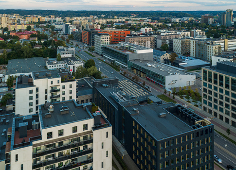 Aerial view of modern office buildings and residential apartment complexes lining the streets in Vilnius Vilnius County Lithuania. Aerial view of modern office buildings and residential apartment complexes lining the streets in Vilnius Vilnius County Lithuania.