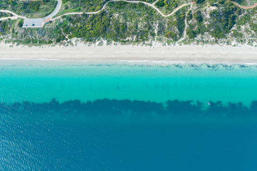 Aerial view of the turquoise coastline with sandy beach coastal vegetation and a small boat in the water in Perth Western Australia Australia. Aerial view of the turquoise coastline with sandy beach coastal vegetation and a small boat in the water in Perth Western Australia Australia.