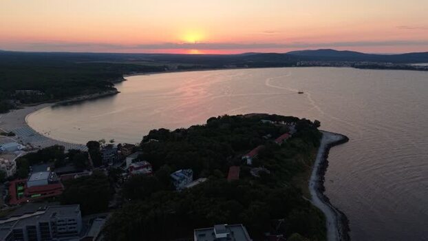Aerial view of the sunset over the coastline in Kiten Bulgaria.