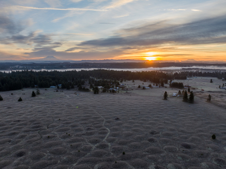 Aerial view of Mima Mounds Natural Area Preserve featuring unique earth mounds under a golden sunset with distant mountains and morning mist Olympia Washington United States.
