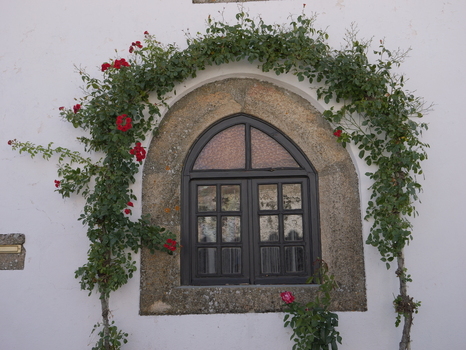 View of a stone framed arched window adorned with climbing red roses on a white wall in Marvao Portalegre District Portugal. View of a stone framed arched window adorned with climbing red roses on a white wall in Marvao Portalegre District Portugal.