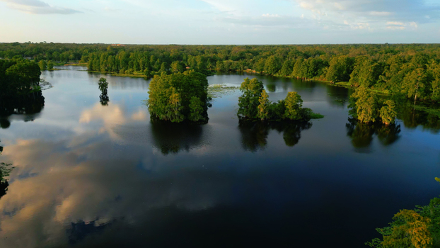 Aerial view of a tranquil lake with small tree covered islands and calm water reflecting the clouds during the golden hour in a residential neighborhood in Tampa Florida United States. Aerial view of a tranquil lake with small tree covered islands and calm water reflecting the clouds during the golden hour in a residential neighborhood in Tampa Florida United States.