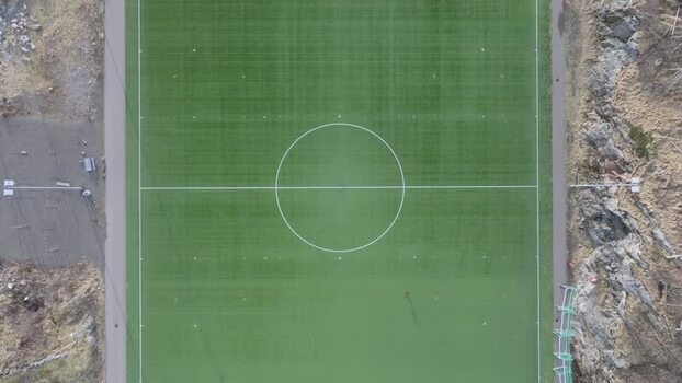 Aerial view of soccer field in Lofoten Norway.