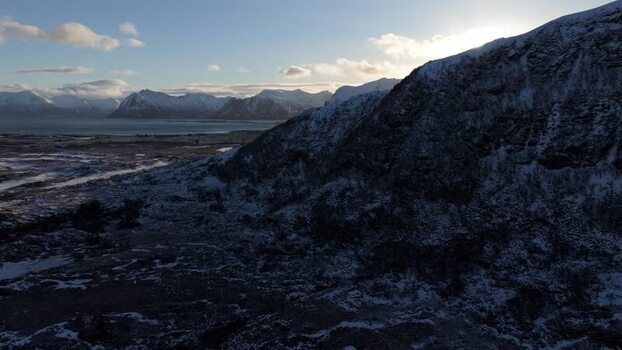 Aerial view of Lofoten mountains in Vagan Municipality Norway.